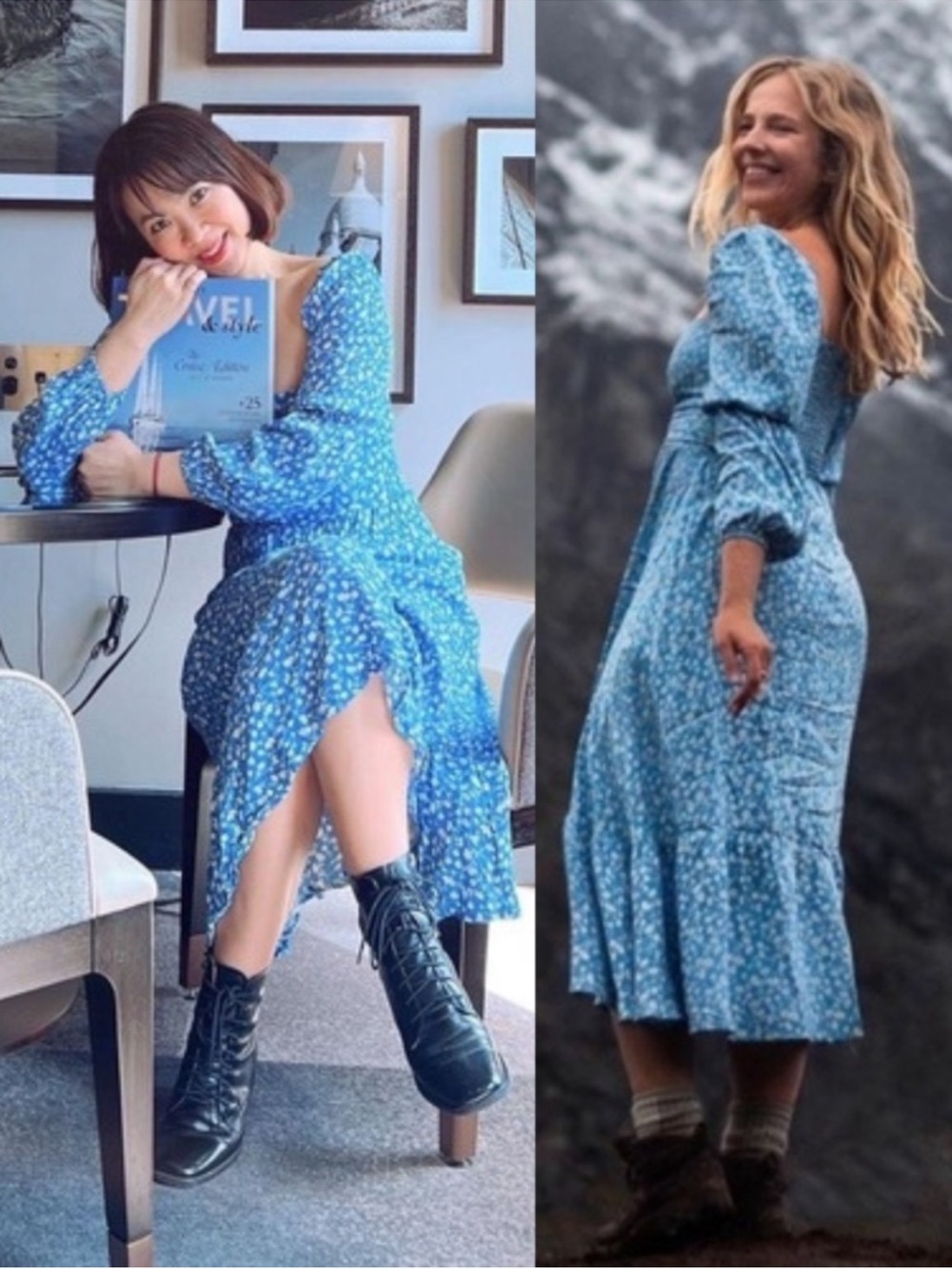 Reformation Mica ES Floral Marie Square Neck Midi Dress Blue Size 12 - Picture 5 of 14